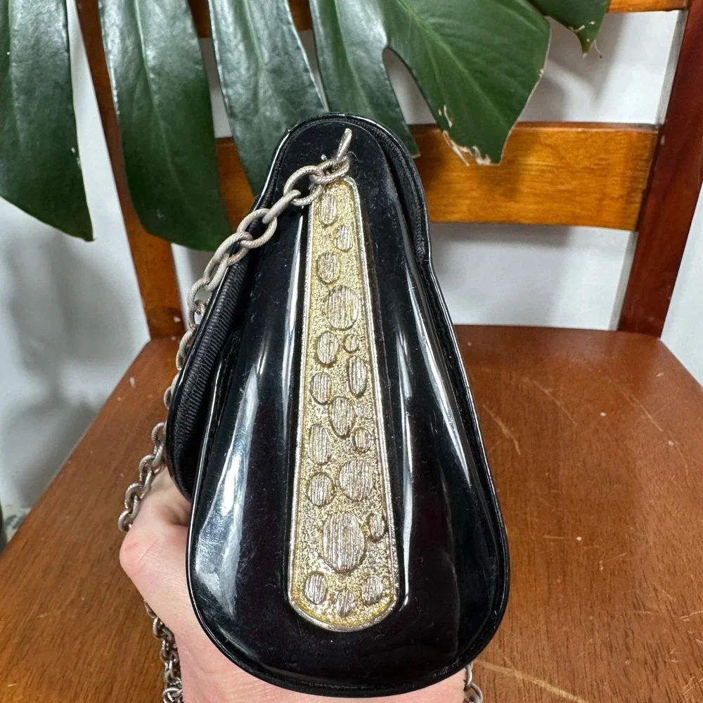 Vintage Evening Bag Womens Small‎ Black Good Patent Chain Strap Clutch